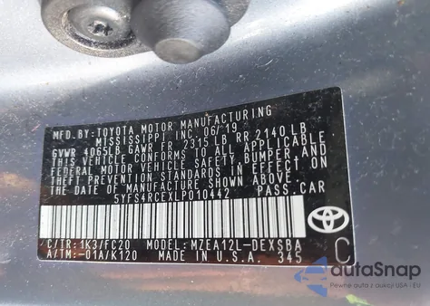 2020 Toyota Corolla Se z USA, uszkodzony, nr VIN 5YFS4RCEXLP010442